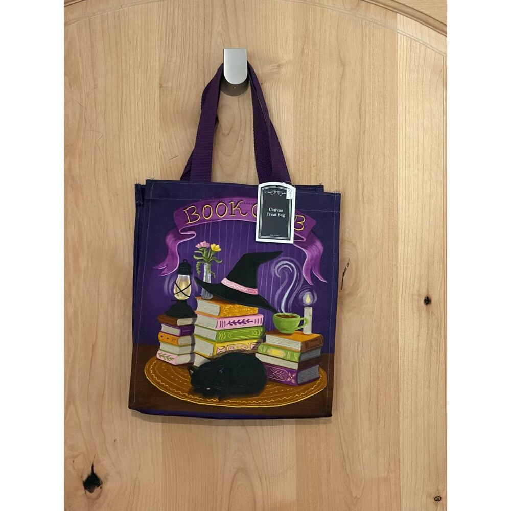 Bookshop Purple Canvas Treat Bag Witch Hat Black Cat Tote NWT